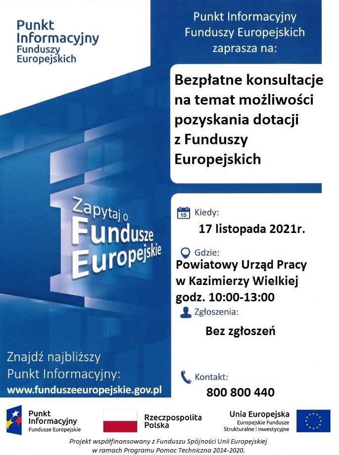Informacja o bezpłatnych konsultacjach na temat możliwości pozyskania dotacji z Funduszy Europejskich